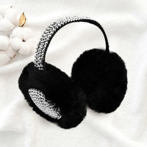 STUDDED FLUFFY PLUSH FAUX FUR FOLDABLE EARMUFFS, COZY EAR WARMER - Picture 2 of 8
